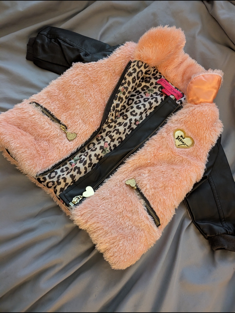 Betsey Johson Girls' Pink Bomber Jacket with Leopard Lining Size 6/9 Months